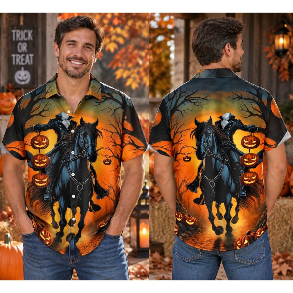 Men’s 1XL Halloween Headless Horseman Pumpkin Graphic Button Down Shirt NWOT #22